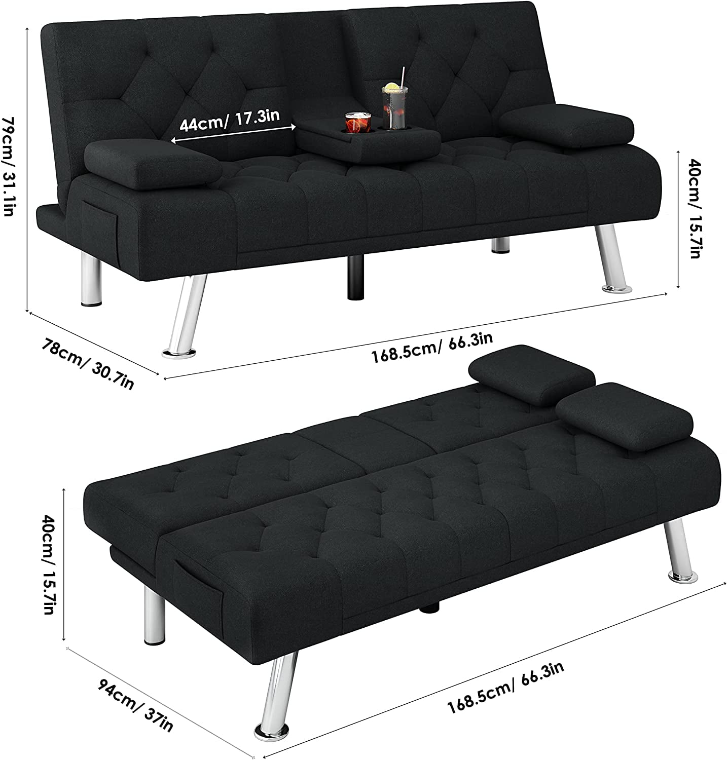 Homfa Upholstered Couch Sofa Bed, 66.3in Folding Futon Sofa with Removable Armrests for Living Room, Black
