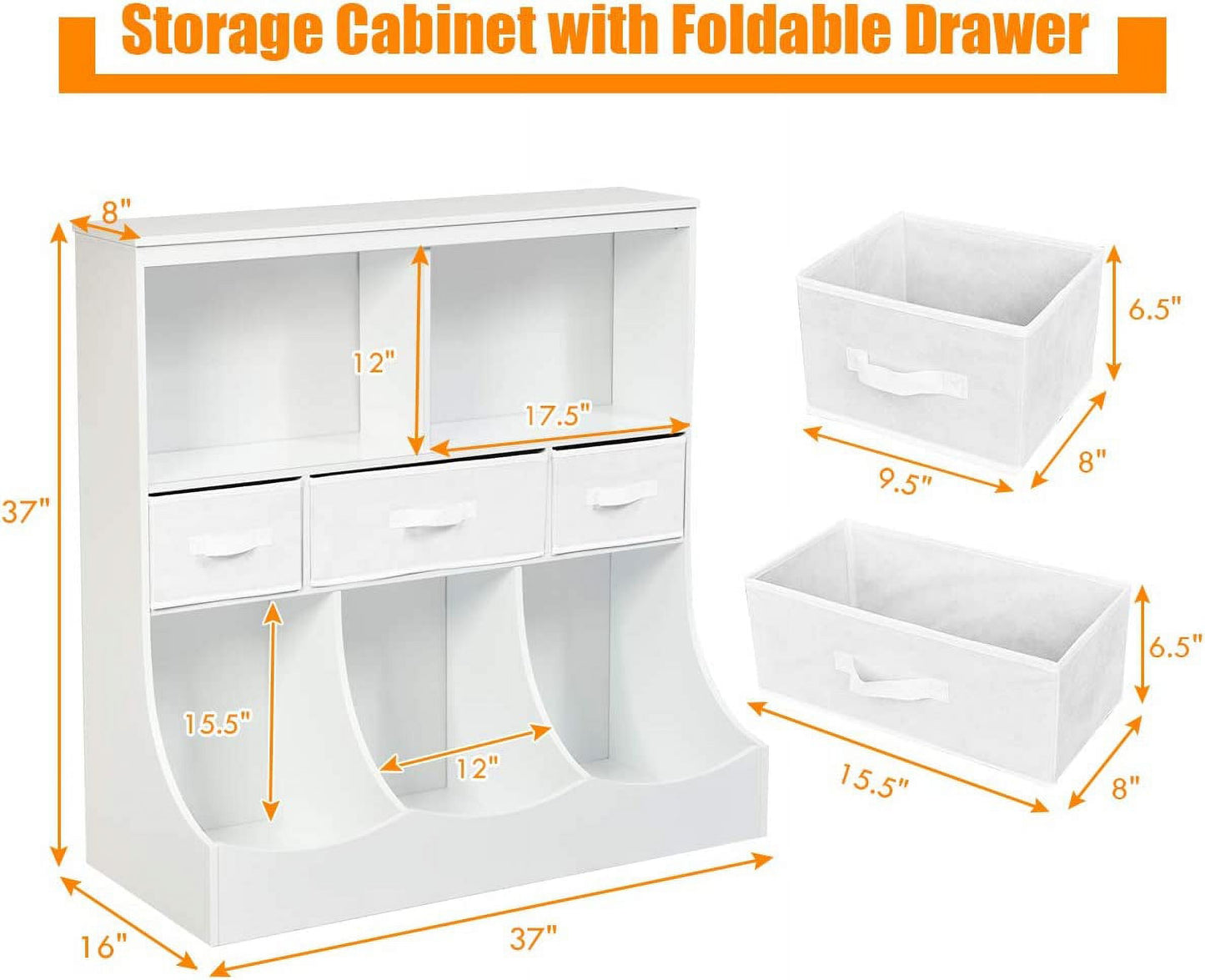 3-Tier Kids Bookcase Toddler Storage Organizer Cabinet Shelf w/ 8 Compartment Box and 3 Removable Drawers for Children, Freestanding Storage Unit for Bedroom Decor Room (White)