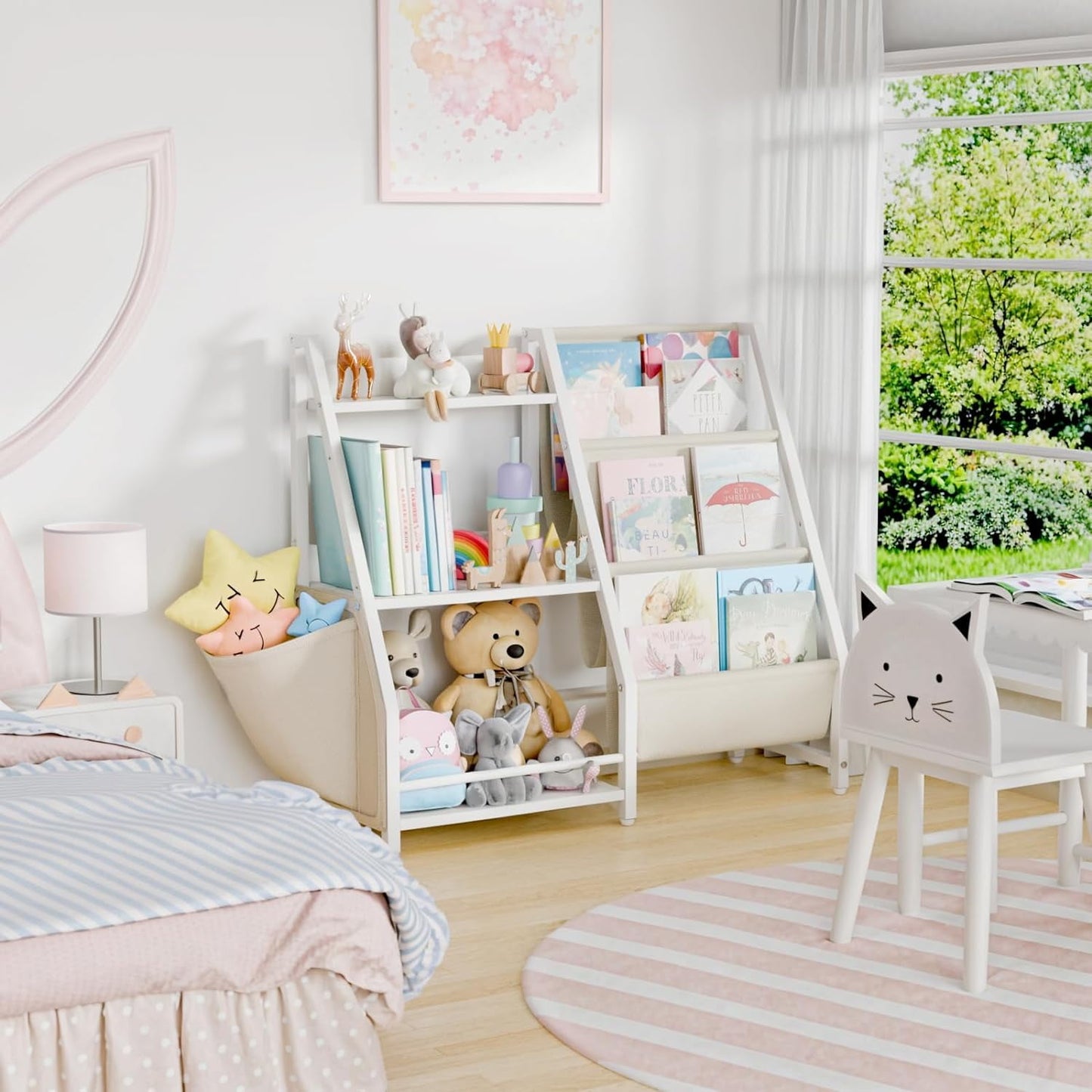 3 Tier Kids Bookshelf and Toy Storage, Kids Book Sling Shelf, Montessori Baby Toddler Bookshelf for Kids, Kids Bookcase, Toy Storage Organizer, for Playroom, Bedroom, Nursery (White)