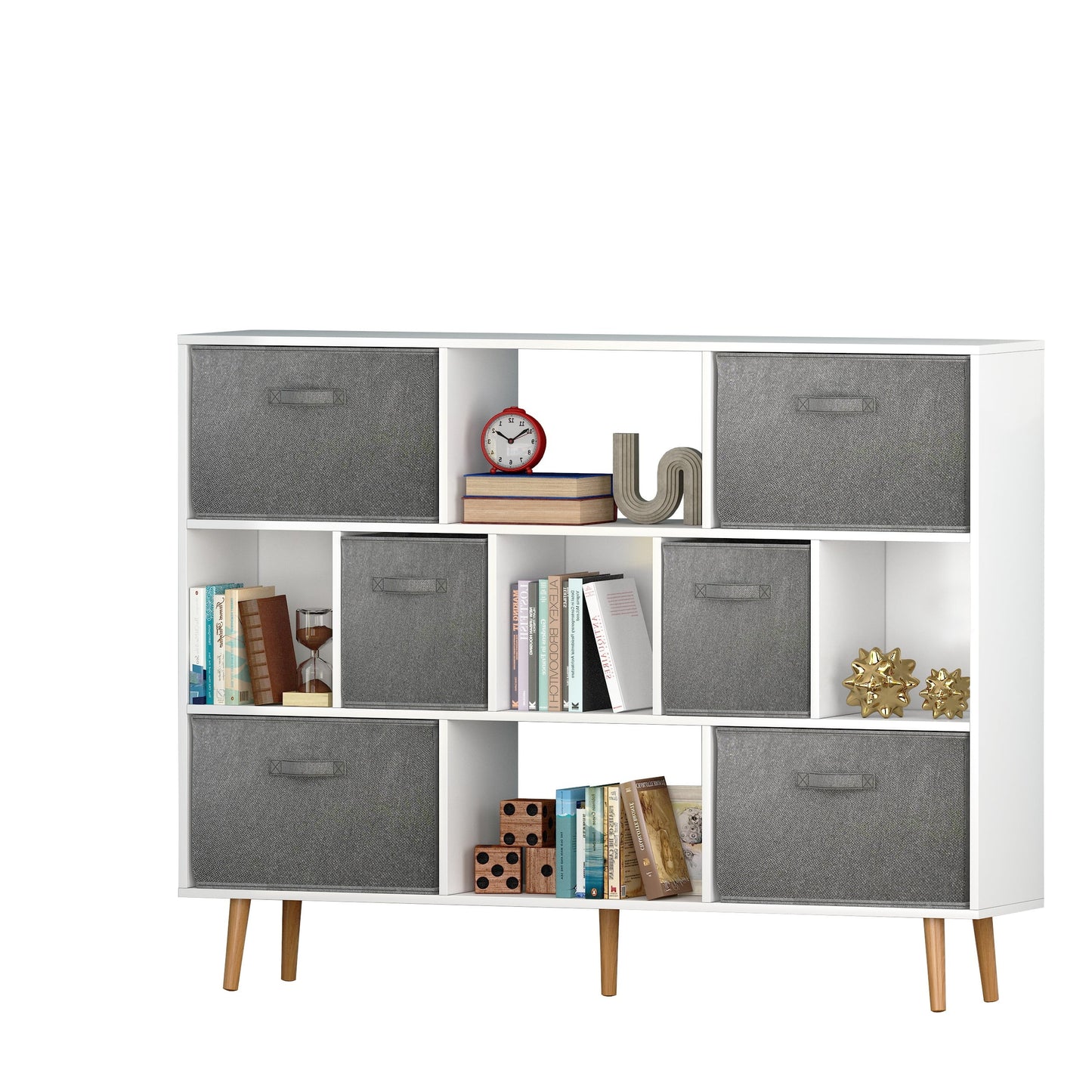 IVV White Cube Bookshelf with 6 Fabric Drawers, 3 Tier Modern Wood Bookcase with Legs, 55in Wide Bookshelf with Open Display Cubes, Modern Storage Display Cabinet for Living Room,Classroom,Kid's Room