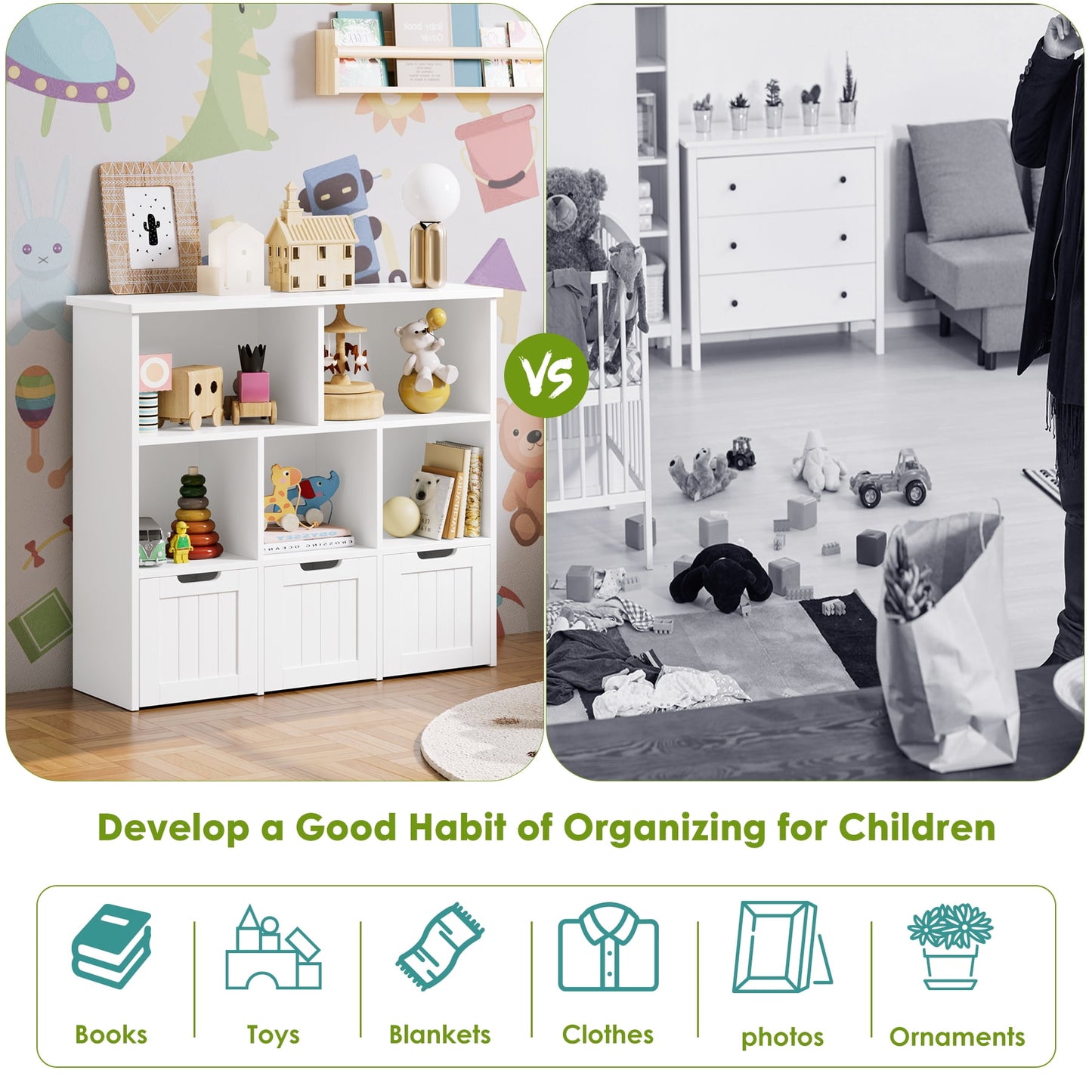 Homfa 5 Cube Toy Storage Organizer, Kids Geometric Bookcase with 3 Drawers, Storage Cabinet for Living Room, White Finish