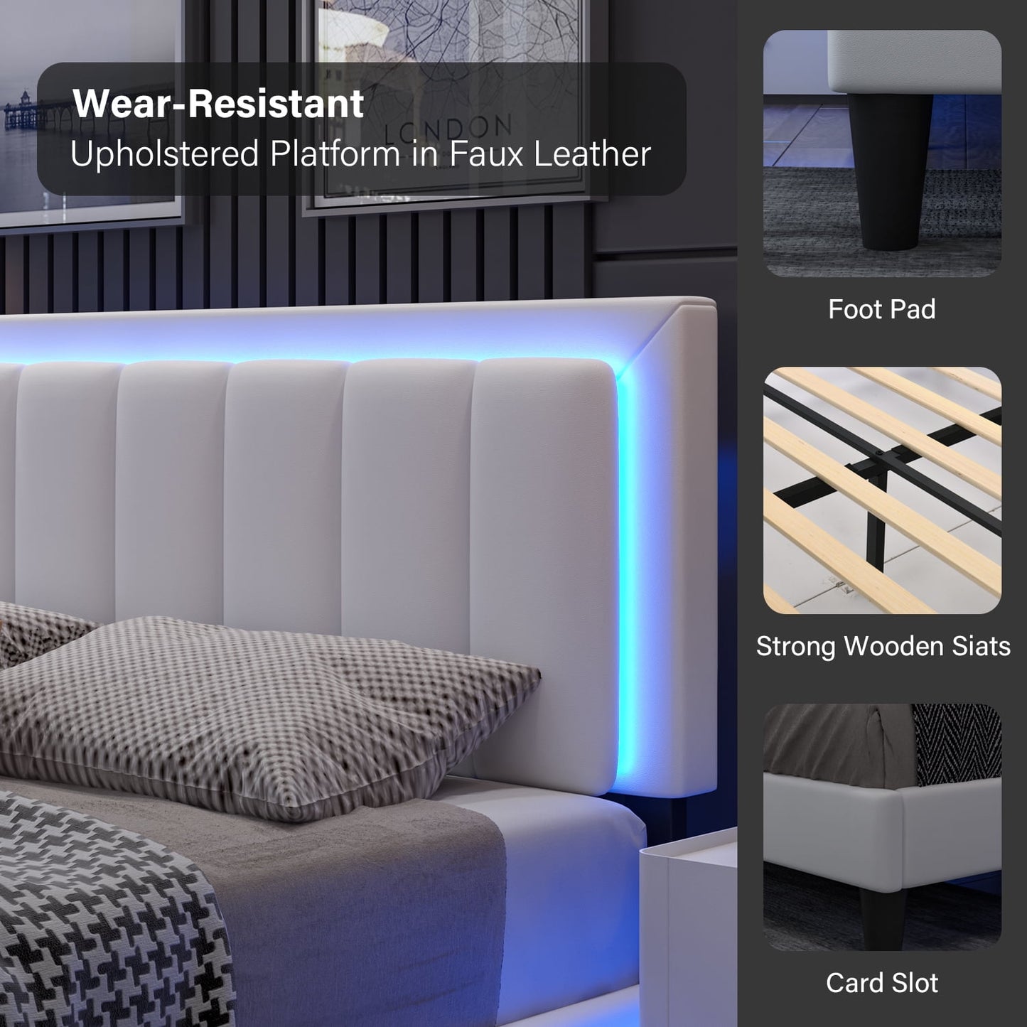 4 EVER WINNER Full Size LED Bed Frame, Upholstered Platform Bed Frame with LED Light Headboard, White