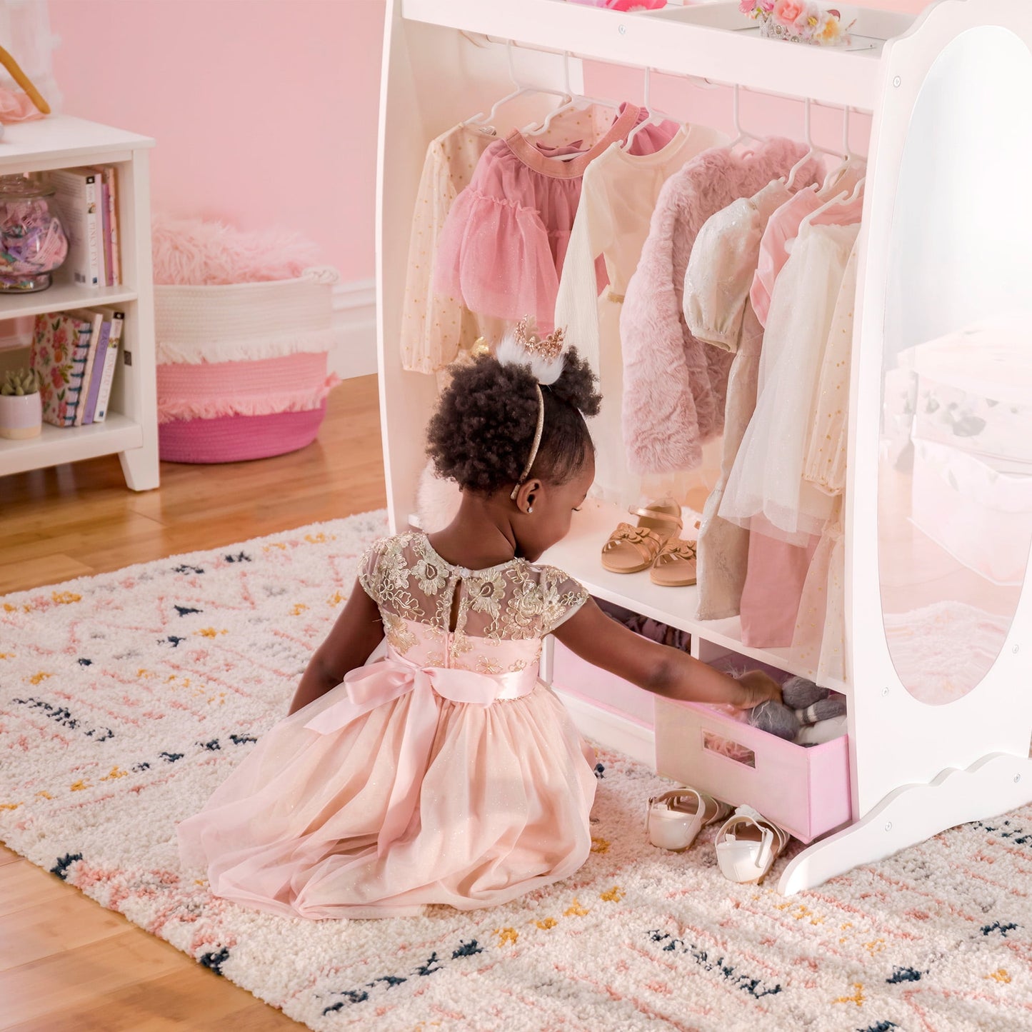 Guidecraft Kids' Dress Up Storage - White: Pretend Play Wardrobe, Costume Armoire and Clothes Organizer with Mirror and Clothing Rack