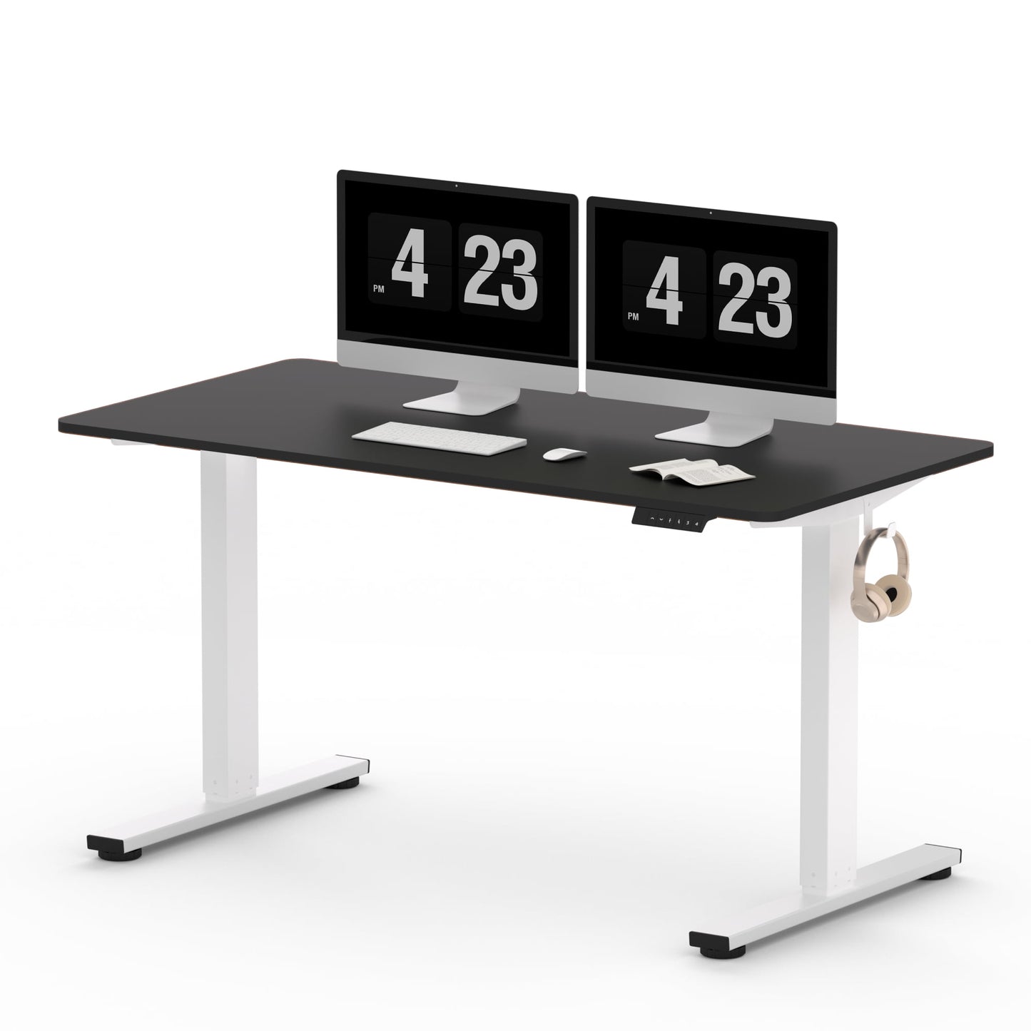 ACTIVESIT 55in x28in Home Office Height Adjustable Standing Desk with Hooks, Ergonomic Electric 2-Stage Stand Up Computer Desk, White and Black
