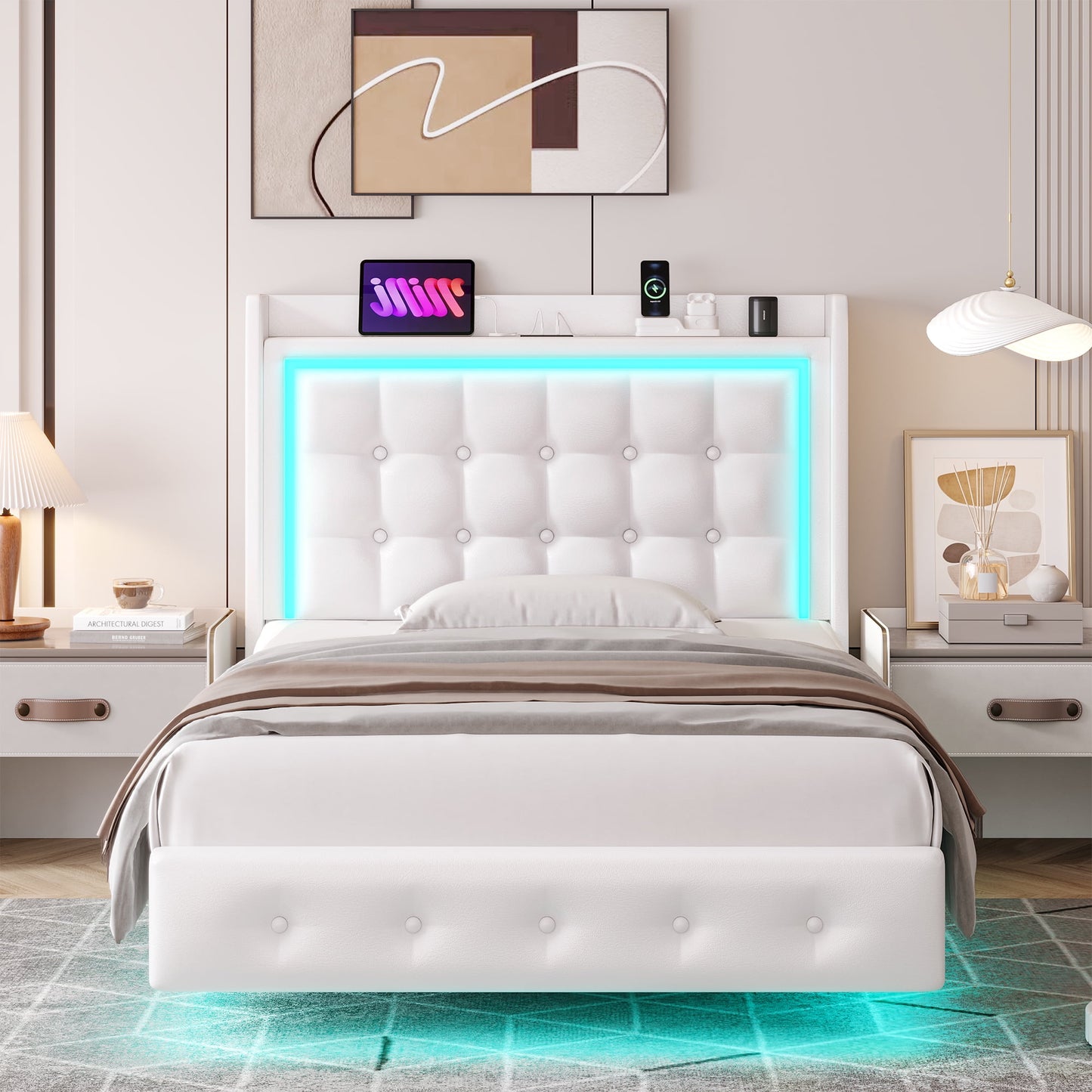 Homfa Twin Size Floating Bed with LED Lights & Charging Station, Modern PU Upholstered Platform Bed Frame Bed with Storage Headboard, White