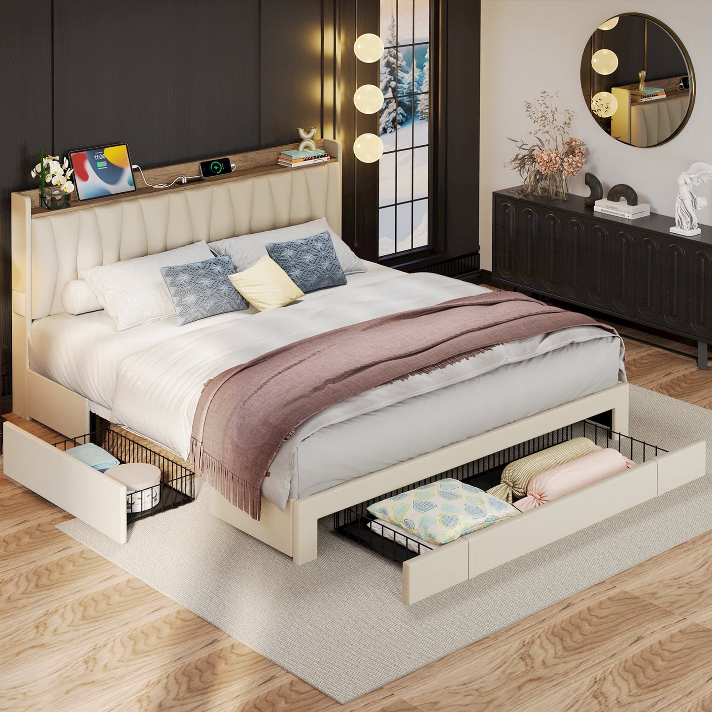 ANCTOR King Bed Frame, Upholstered, USB Ports, 3 Drawers, No Box Spring Needed