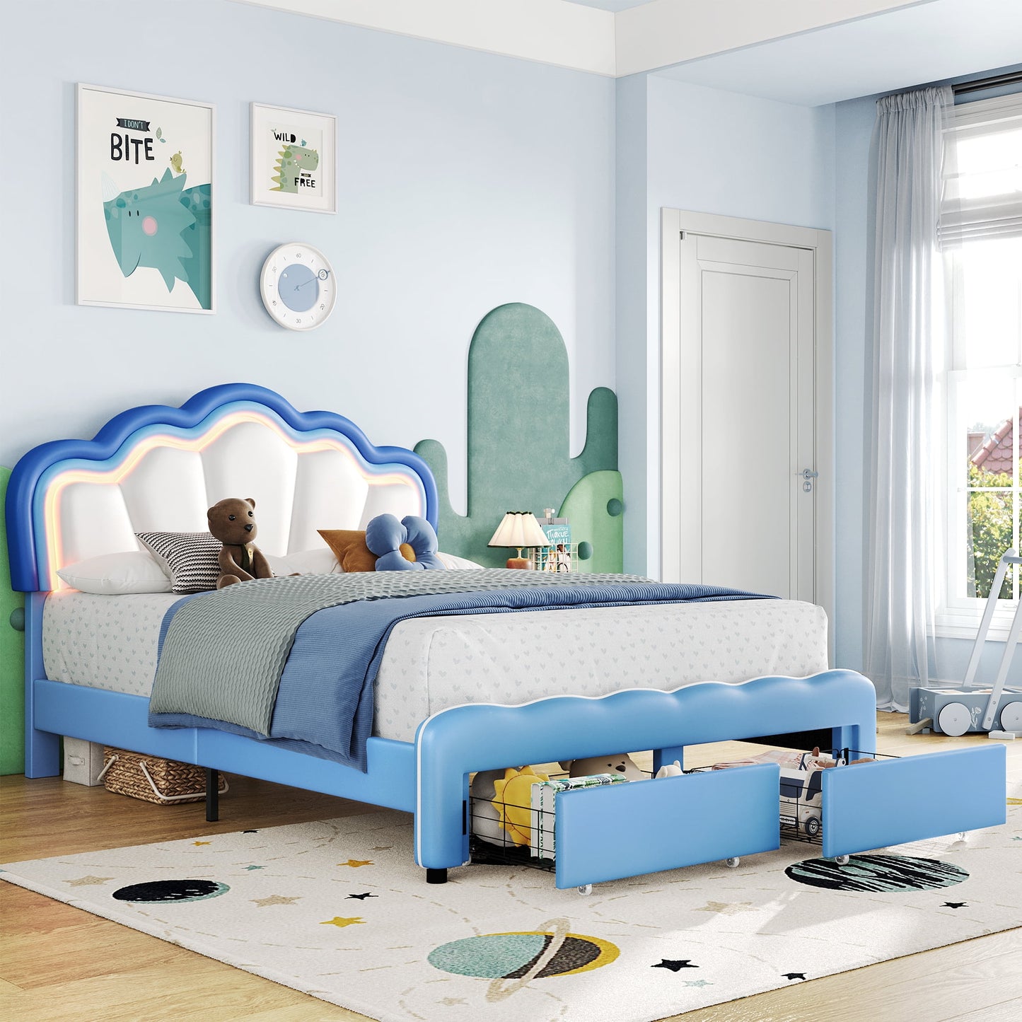 Homfa Queen Size LED Bed Frame with Drawer, PU Leather Upholstered Platform Bed with Adjustable Petal Headboard for Kid, Blue