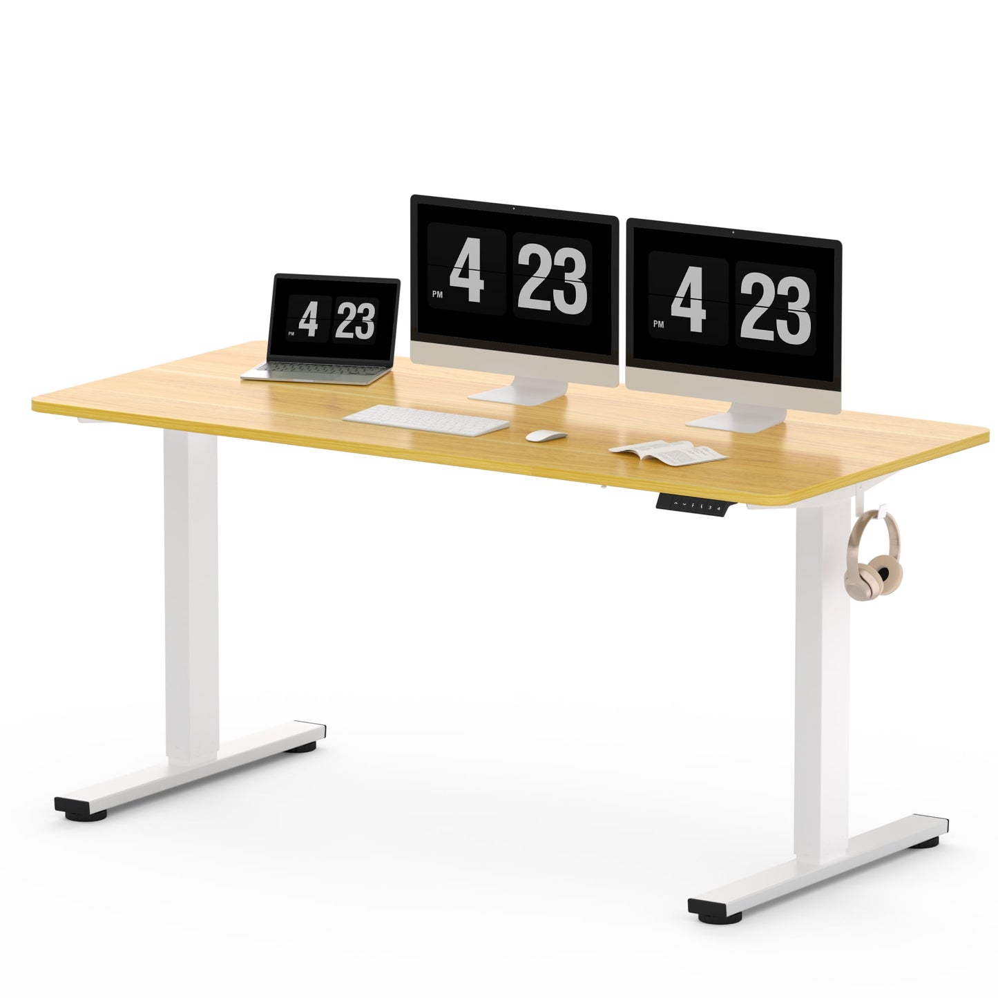ACTIVESIT 60in x24in Home Office Height Adjustable Standing Desk with Hooks, Ergonomic Electric 2-Stage Stand Up Computer Desk, White and Maple