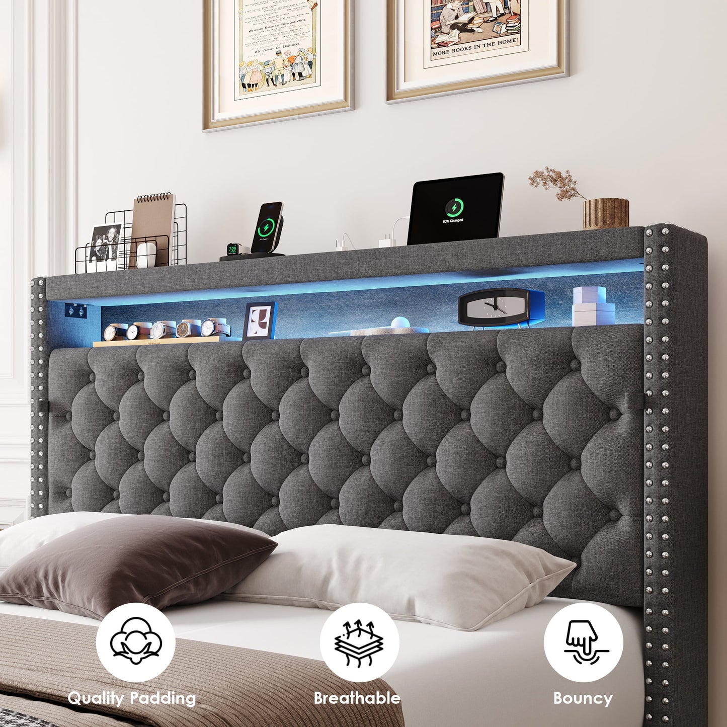 Homfa Full Size LED Bed Frame with Outlets and USB Ports, Modern Storage Platform Bed with Fabric Button Tufted Upholstered Headboard, Gray