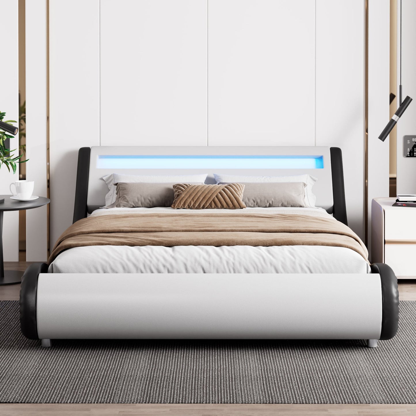 Amolife Full Size Wave-Like Curve Deluxe Upholstered Modern Bed Frame with LED Headboard, Black+White