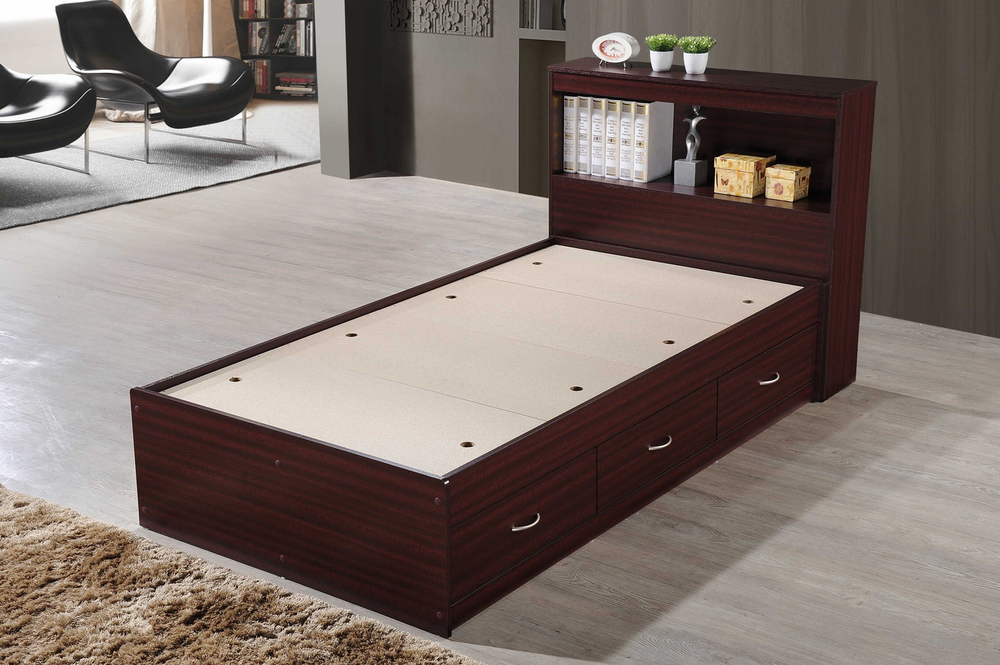 Hodedah Twin-Size Captain Bed with 3-Drawers and Headboard in Mahogany
