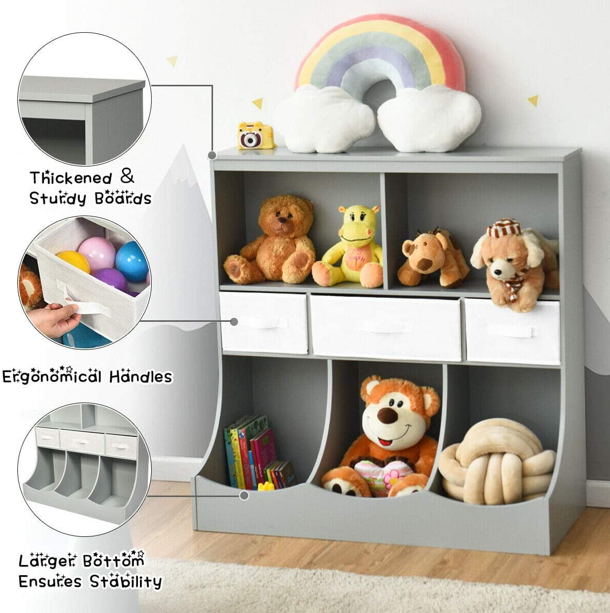 3-Tier Kids Bookcase Toddler Storage Organizer Cabinet Shelf w/ 8 Compartment Box and 3 Removable Drawers for Children, Freestanding Storage Unit for Bedroom Decor Room (Gray)