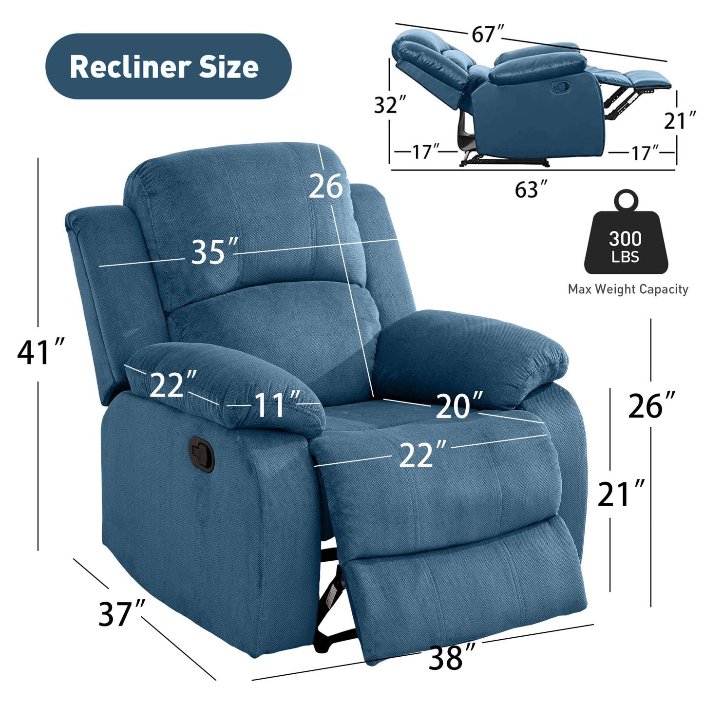Aukfa 38in Wide Manual Recliner Chair, Overstuffed Single Sofa for Home Office, Flannel, Blue