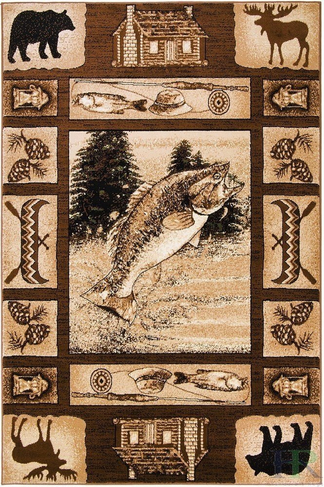 Handcraft Rugs Cabin Rug Lodge, Cabin Nature and Animals Area Rug Modern Geometric Design Cabin Area Rug Abstract, Multicolor Design Moose/Kayak/Fishing Equipment/Big Fish 5x7 feet