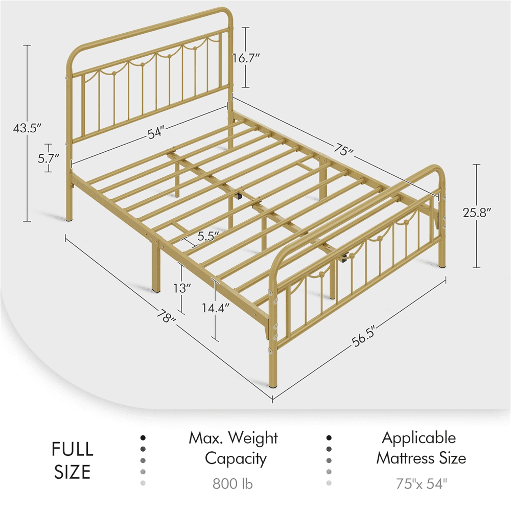 Alden Design Metal Platform Full Bed with Vintage Headboard and Footboard, Antique Gold