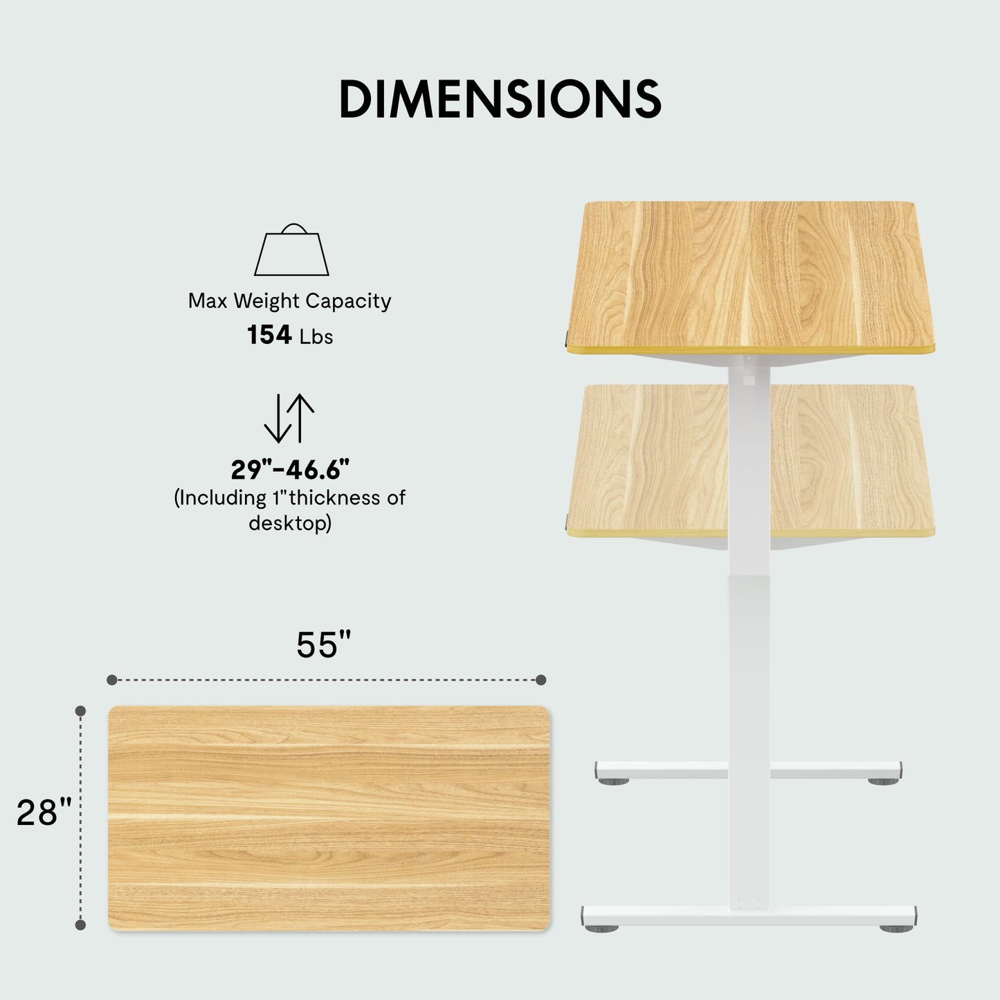ACTIVESIT 55in x28in Home Office Height Adjustable Standing Desk with Hooks, Ergonomic Electric 2-Stage Stand Up Computer Desk, White and Maple