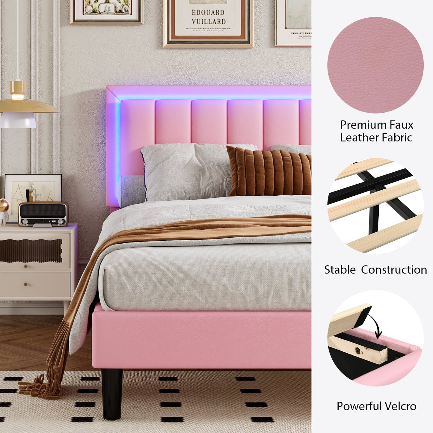 4 EVER WINNER King Size LED Bed Frame, King Bed Frame with LED Light Headboard, Pink Bed Frame for Grils, Pink