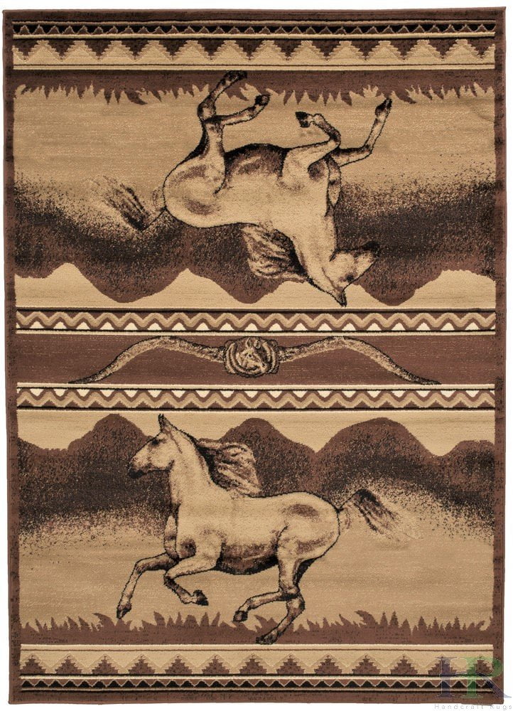 Handcraft Rugs Cabin Rug Lodge, Cabin Nature and Animals Area Rug Modern Stripped Pattern Cabin Area Rug Abstract, Chocolate/Beige-Horse/Mountain 8x10 feet