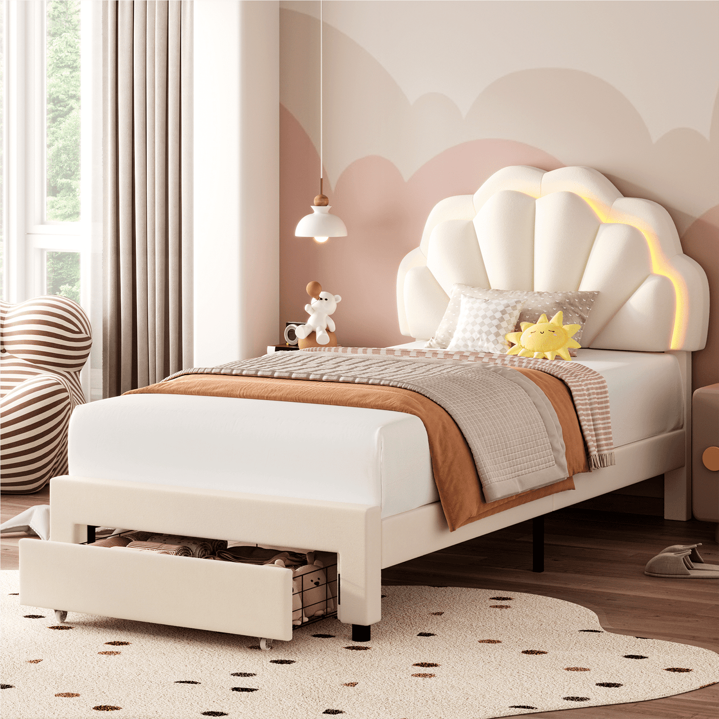 Homfa Twin Size LED Bed Frame with Drawer, Velvet Upholstered Platform Bed with Adjustable Petal Headboard for Kid, Beige