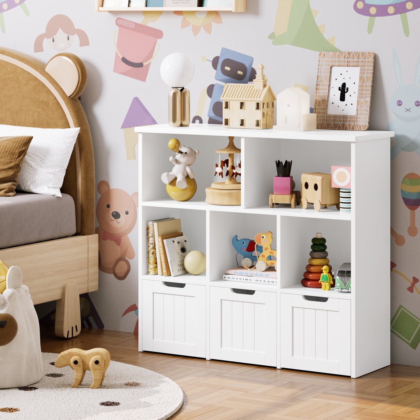 Homfa 5 Cube Toy Storage Organizer, Kids Geometric Bookcase with 3 Drawers, Storage Cabinet for Living Room, White Finish