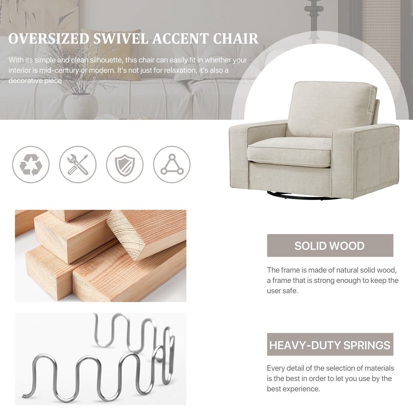 INGALIK Swivel Accent Chair, 40.2in W Oversize Chenille Accent Armchair with Storage Bag, Modern Comfortable Chair for Living Room, Bedroom, Beige