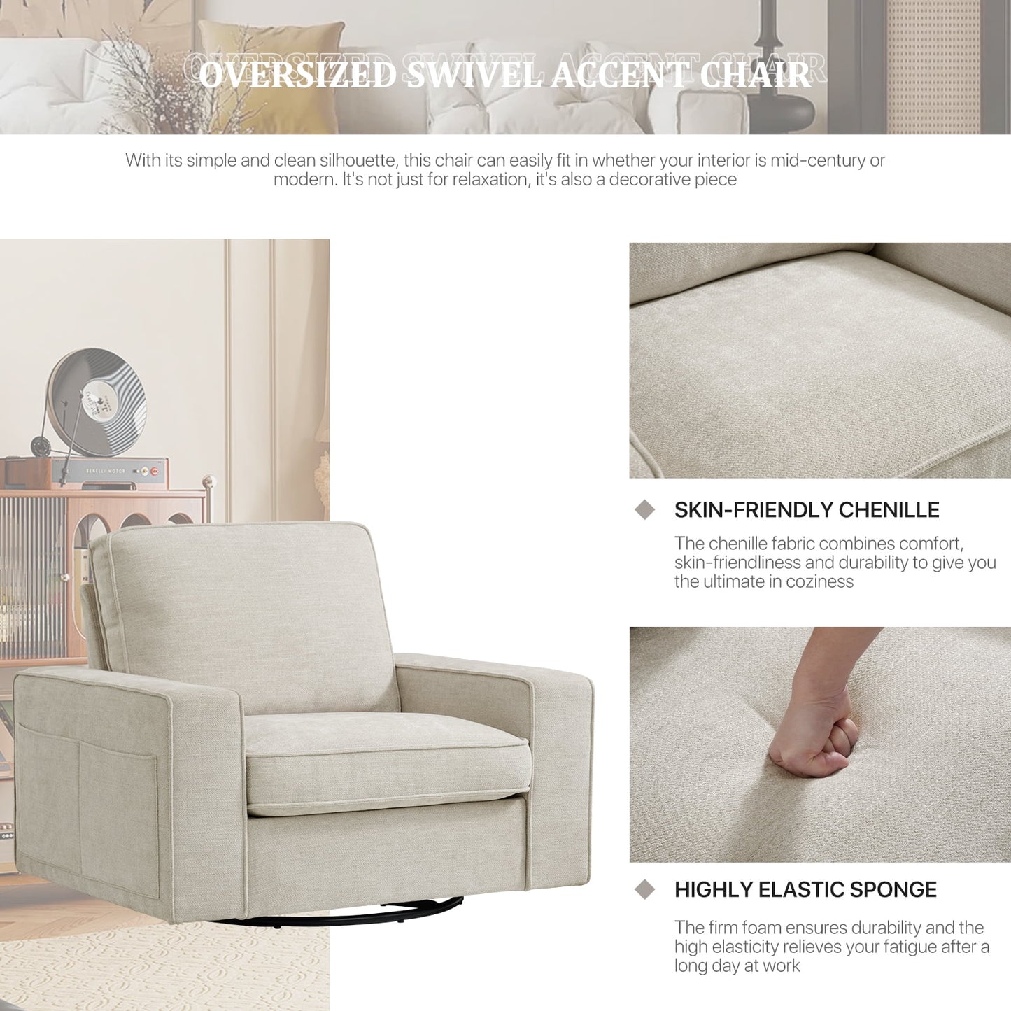 INGALIK Swivel Accent Chair, 40.2in W Oversize Chenille Accent Armchair with Storage Bag, Modern Comfortable Chair for Living Room, Bedroom, Beige