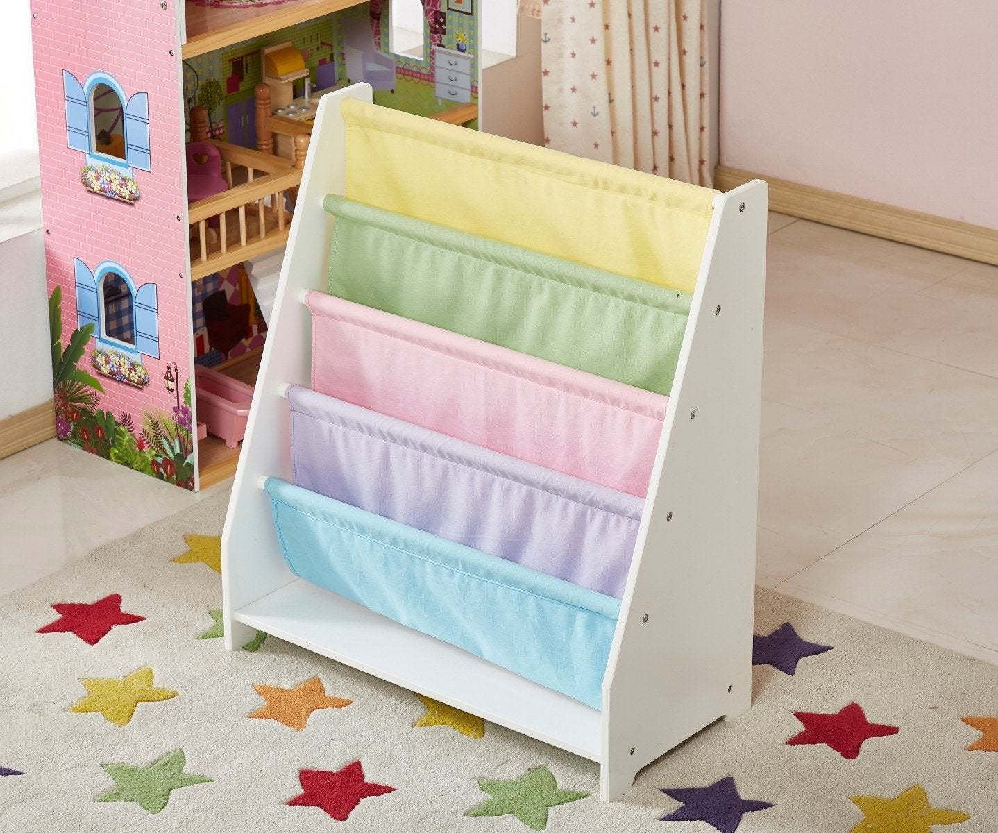 HNGMAO White Charlie Funnel Wooden Kids Canvas Sling Magazine Bookcase - Fun and Functional Kids Furniture for Playful Spaces