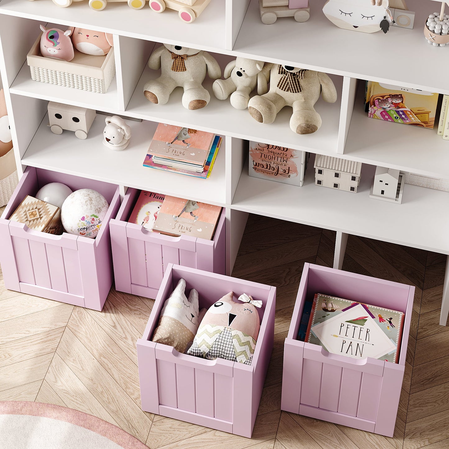 Homfa Kids Geometric Bookcase with 4 Drawers, 7 Cube Toy Storage Organizer, Pink & White