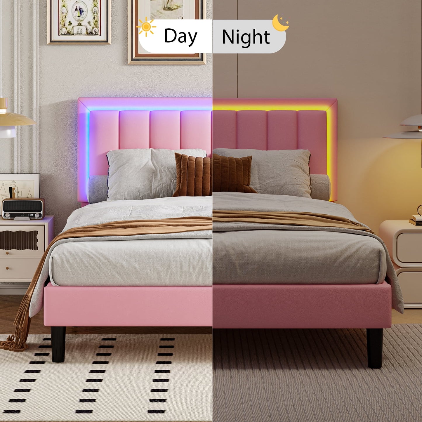 4 EVER WINNER King Size LED Bed Frame, King Bed Frame with LED Light Headboard, Pink Bed Frame for Grils, Pink