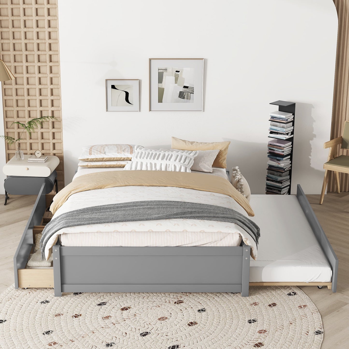 LegaHome Full Bed with Trundle and Storage Drawers, Modern Full Size Solid Wood Platform Bed Frame with Trundle Included, No Box Spring Needed, Daybed Trundle Bed for Kids Teens Adults, Gray