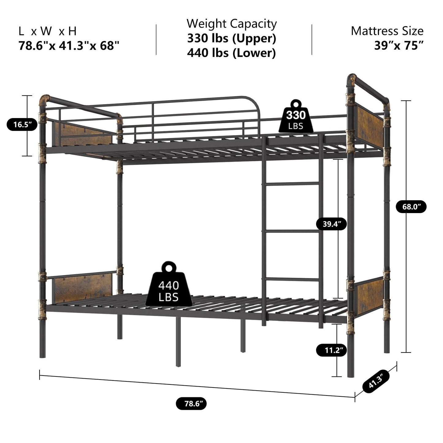 Alohappy Twin Over Twin Bunk Bed, Convertible Twin Bunk Beds Into 2 Individual Bed, Removable Ladder & Safety Guard Rail for Kids, Modern Industrial Style, Easy Assembly, No Box Spring Needed (Brown)