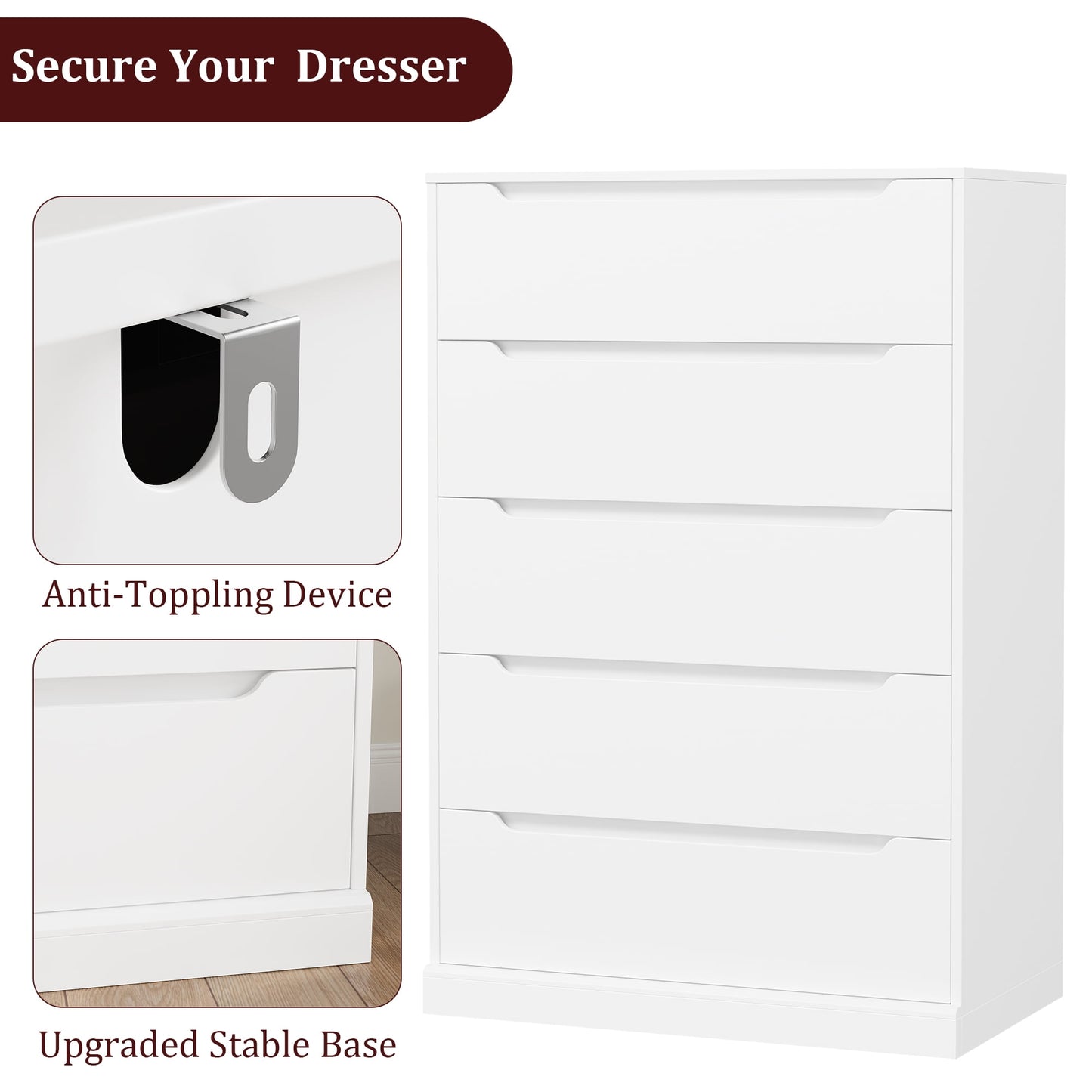 Homfa Vertical 5 Drawer Dresser, Wood Storage Cabinet with Upgraded Stable Base for Bedroom Living Room, White
