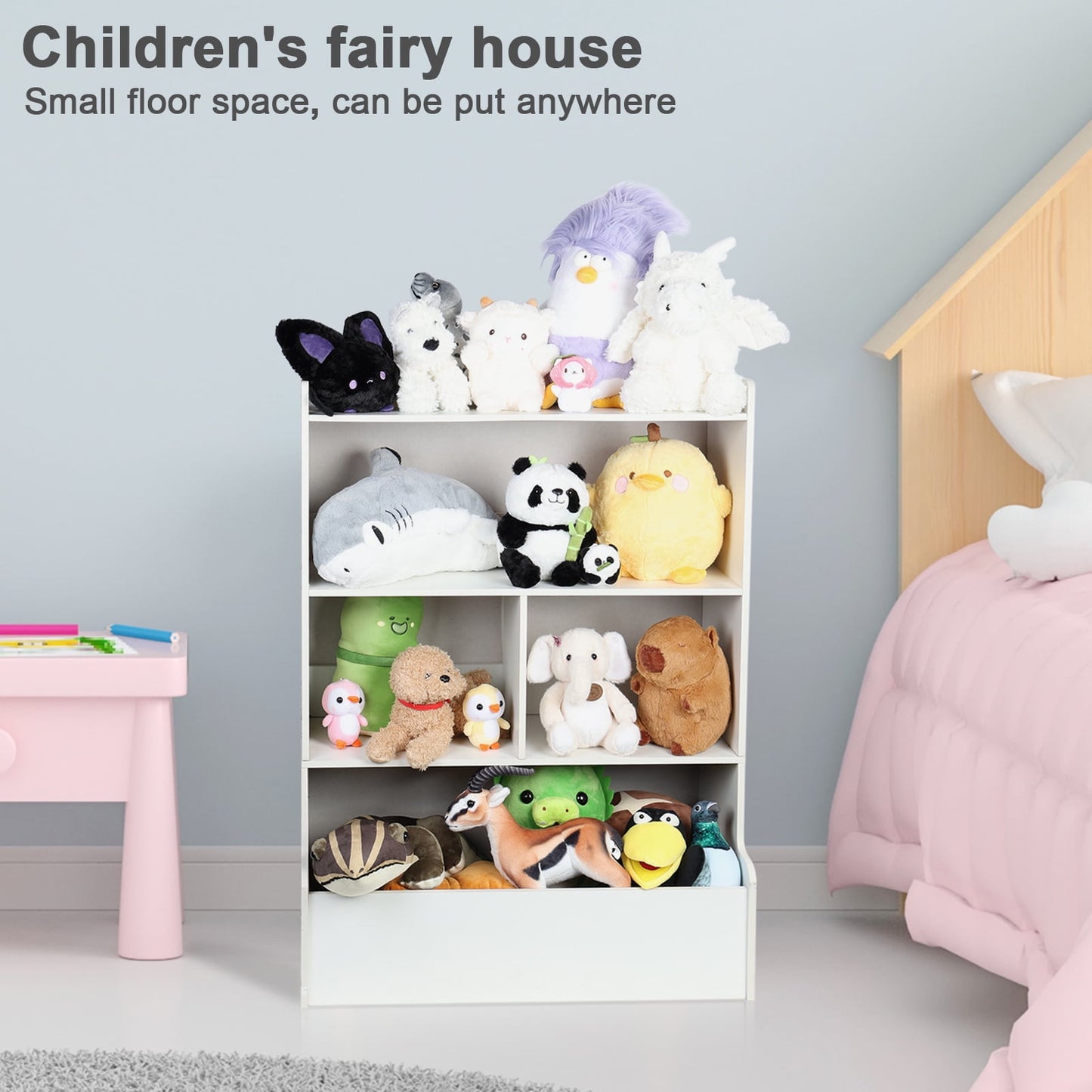 HICESS Kids Bookshelf, 4-Tier Storage Bookcase, Large Wooden Open Book Shelf, Floor Standing Toy Organizer and Storage Cabinet for Playing Room, Nursery, Baby Bedroom, White