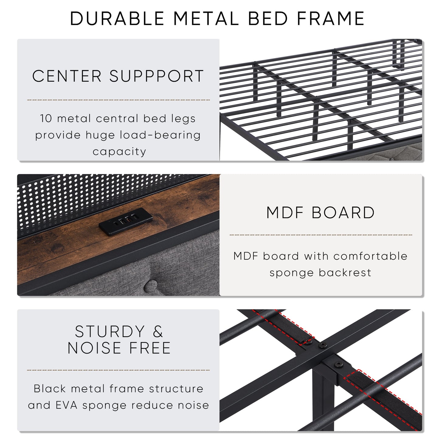 HSUNNS Bed Frame King Size with LED Lights, Metal Platform King Bed with Storage Upholstered Headboard, Bed Frame King Size with Charging Station, No Box Spring Needed, Noise Free, Dark Gray