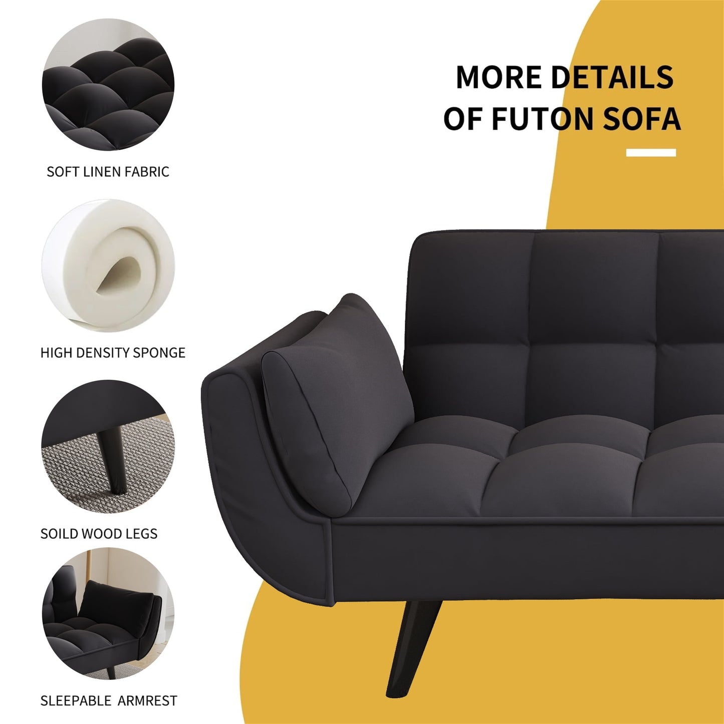 Aukfa 74in Flared Arm Futon Convertible Sofa Bed, Curved Sleeper Sofa for Home Office, Velvet, Black
