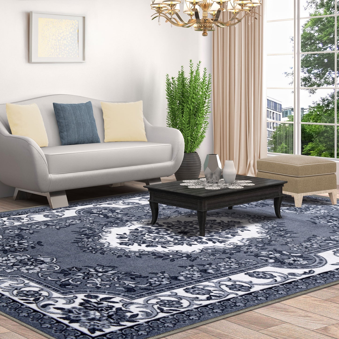Impressions Floral Transitional Modern Washable Area Rug, Gray