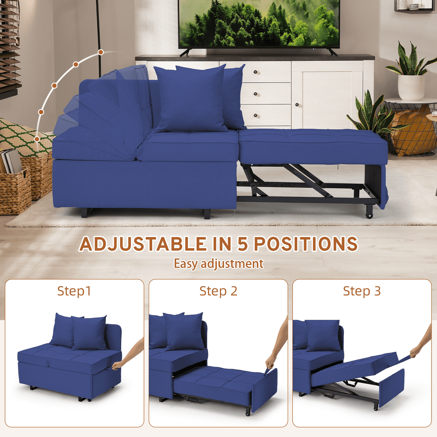 Hommow 3-in-1 Sleeper Sofa Chair Bed , 5-position Adjustable Backrest Pull Out Sofa Bed with Faux Linen Sofa Fabric, Fold Out Chair Bed for Living Rooms, Apartments, Small Rooms, Dark Blue