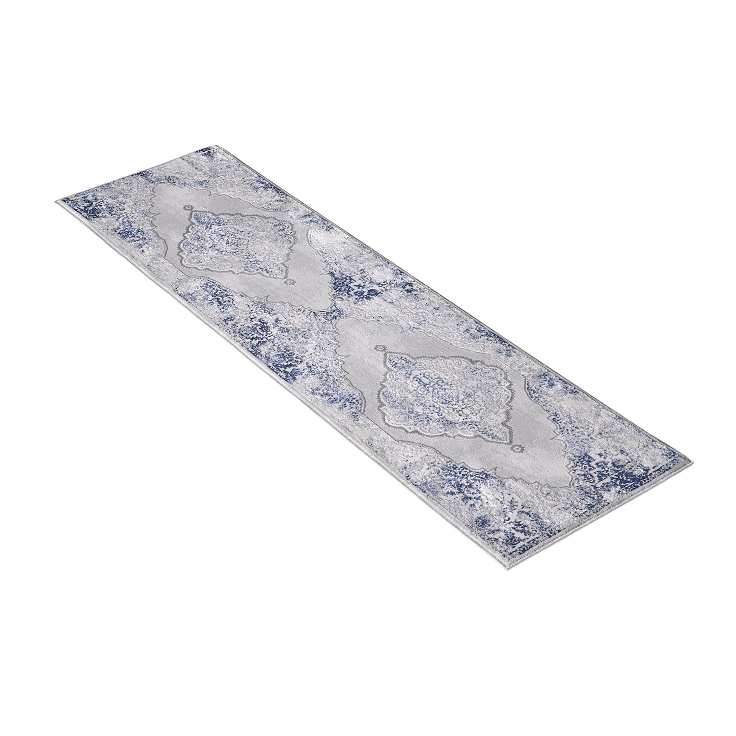 Allstar Rugs 2' 0in x 6' 11in Gainsboro Grey Traditional Persian Themed Polyester Runner with a Blue Bijar Design and Ivory Accents. Machine-Made in Turkey.