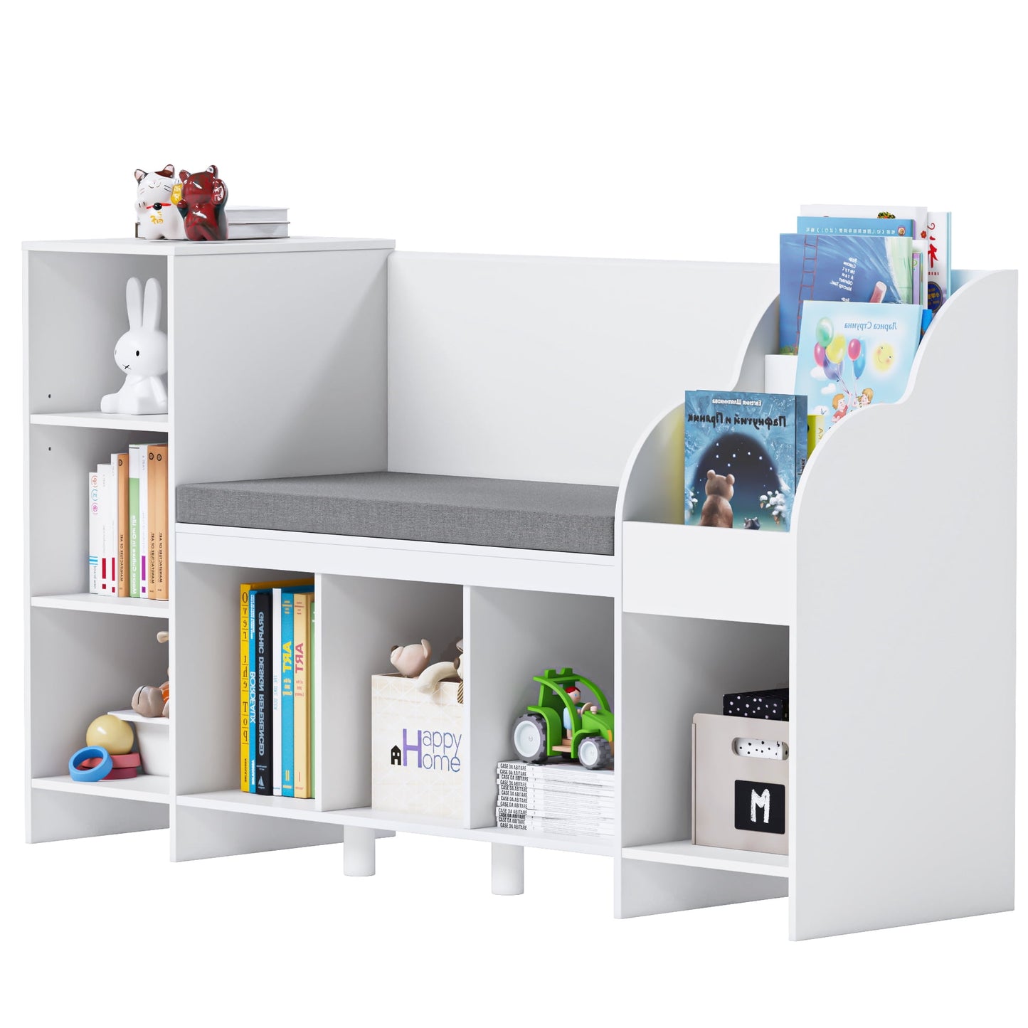 Homfa Kids Bookshelf, 7 Cube Storage, Wooden Seat Nook, Adjustable Shelves, 31.5in H x 54.5in W, White