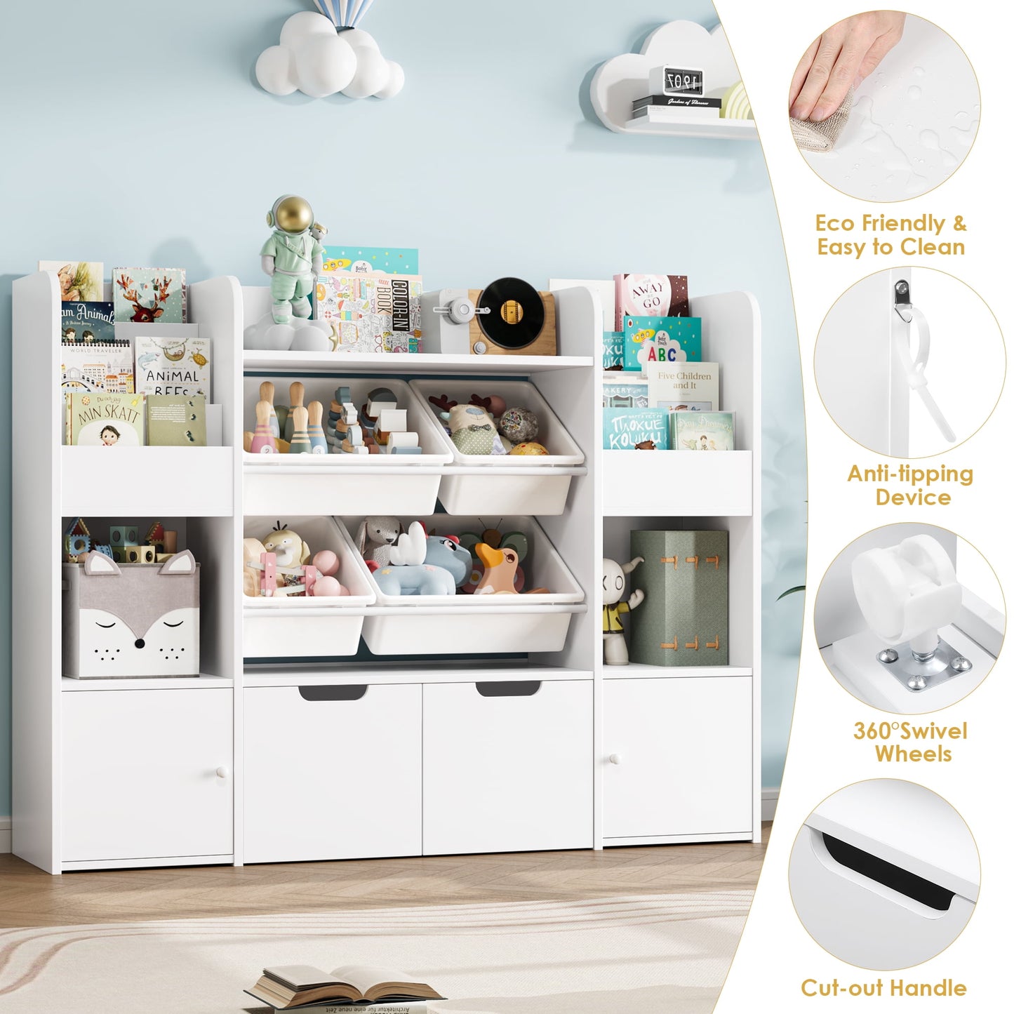 Hiphuta Kid's Toy Storage Organizer, Wood Toy Organizer of 4 Bins& 2 Removable Drawers, Children's Bookcase with Book Rack, White