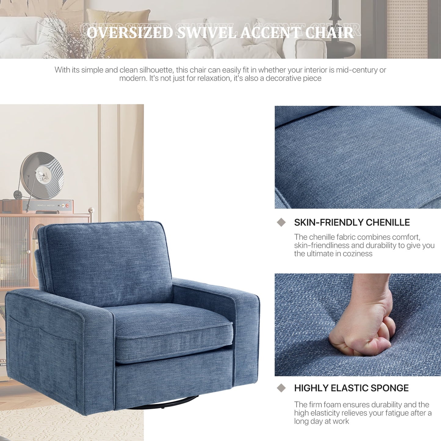 INGALIK Swivel Accent Chair, 40.2in W Oversize Chenille Accent Armchair with Storage Bag, Modern Comfortable Chair for Living Room, Bedroom, Home, Club, Blue