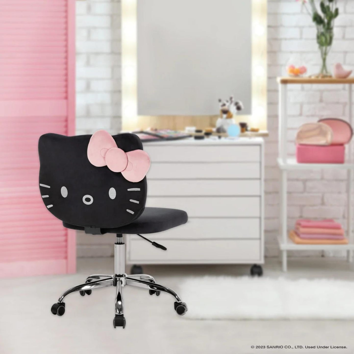 Impressions Vanity Hello Kitty Kawaii Swivel Desk Chair for Vanity Room, Black, Steel Frame