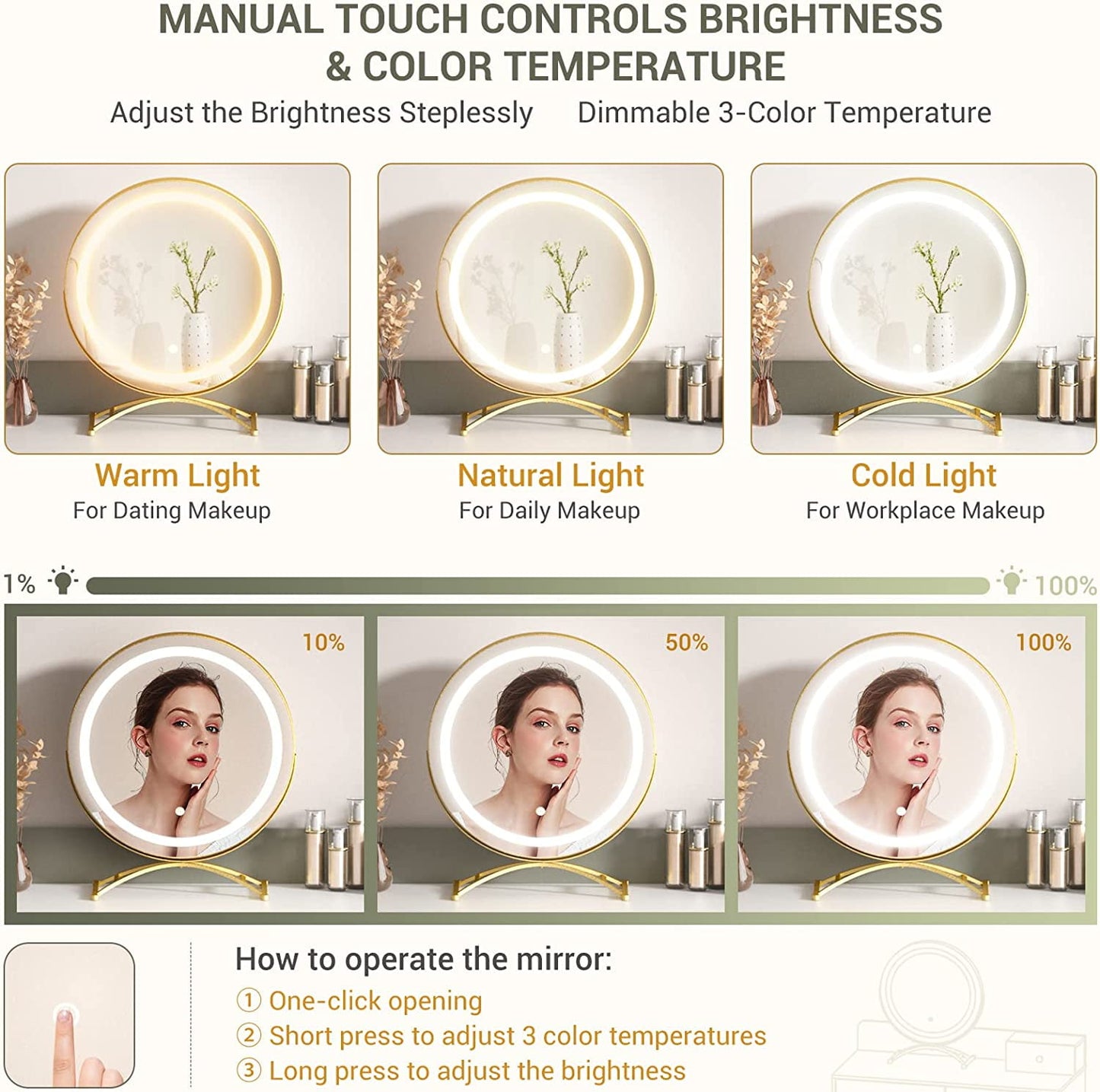 Homieasy Vanity Desk with LED Lighted Mirror, 44in Reversible Makeup Desk with 6 Drawers, Vanity Table Set with Soft Stool, Dressing Table with 3 Color Lighting Options for Women, White and Cyan