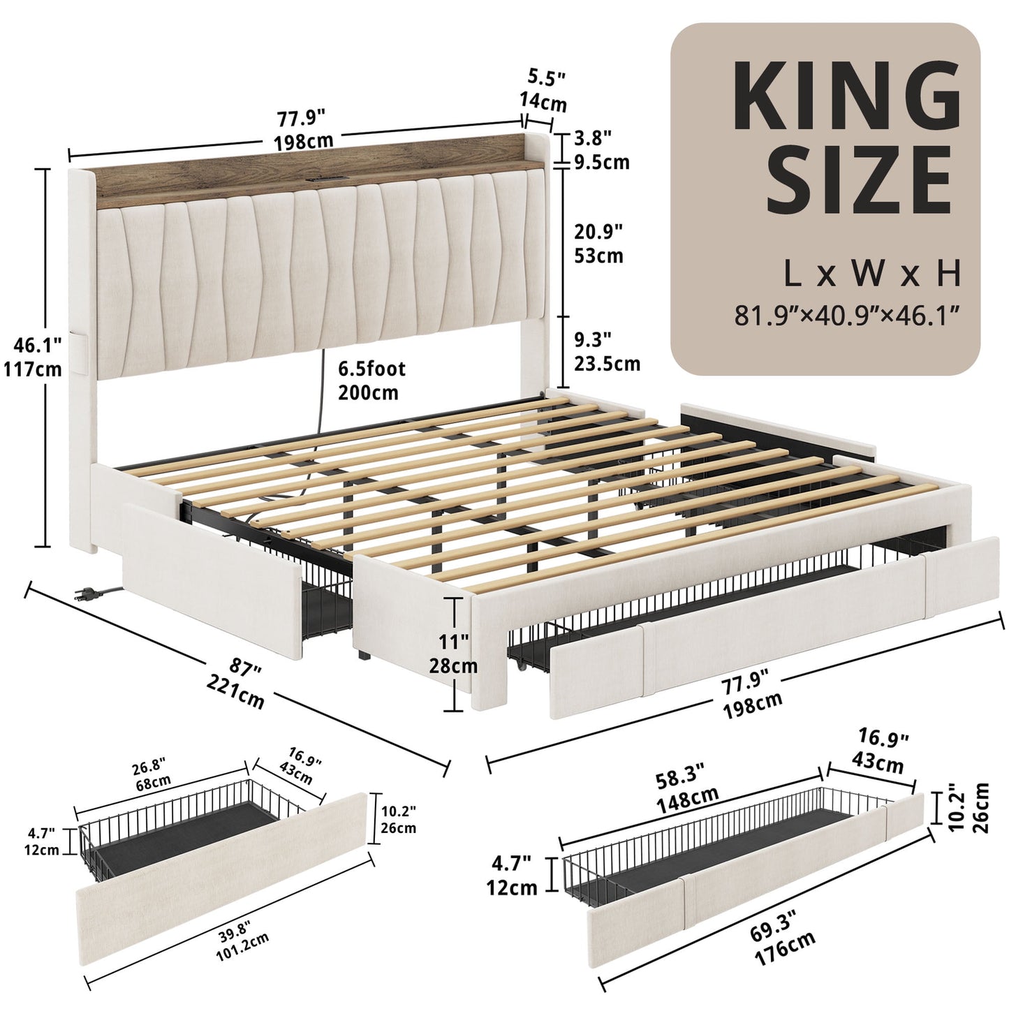ANCTOR King Bed Frame, Upholstered, USB Ports, 3 Drawers, No Box Spring Needed