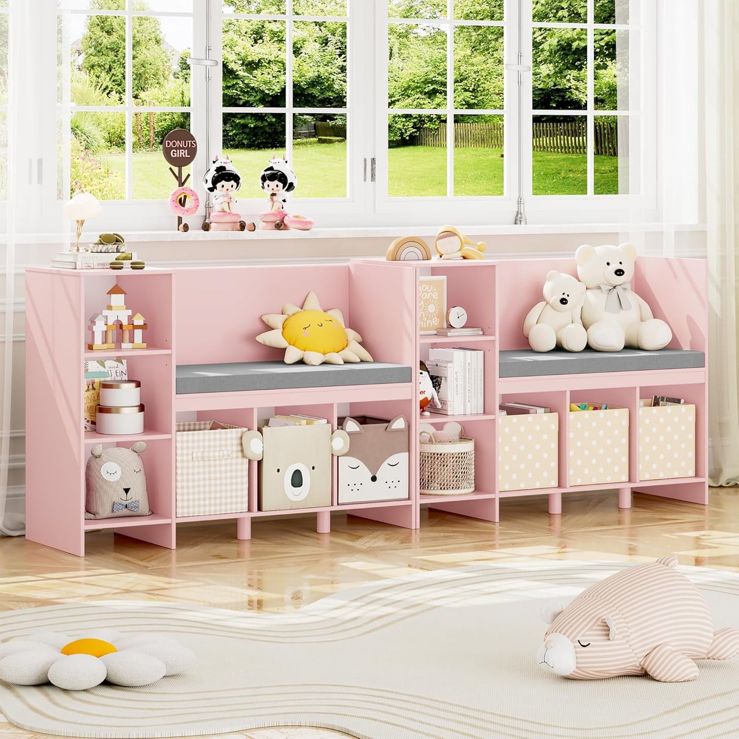 HOUSUIT 43.3in Kids Reading Nook Bench, Nursery Bookshelf and Bookcase with Seat Cushion, 6-Cubby Book Shelf Storage Organizer for Playroom, Bedroom, Living Room, Entryway, White