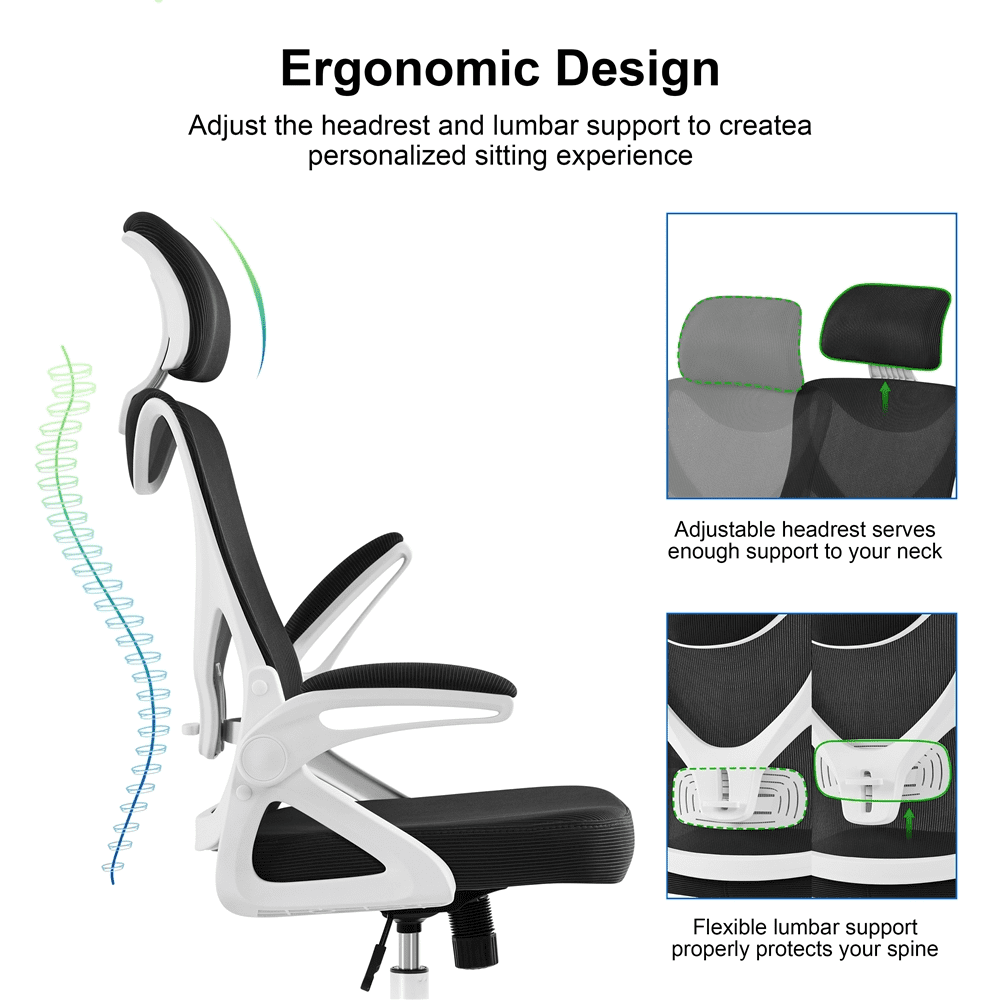 Alden Design High Back Ergonomic Mesh Office Chair with Adjustable Padded Headrest, White/Black