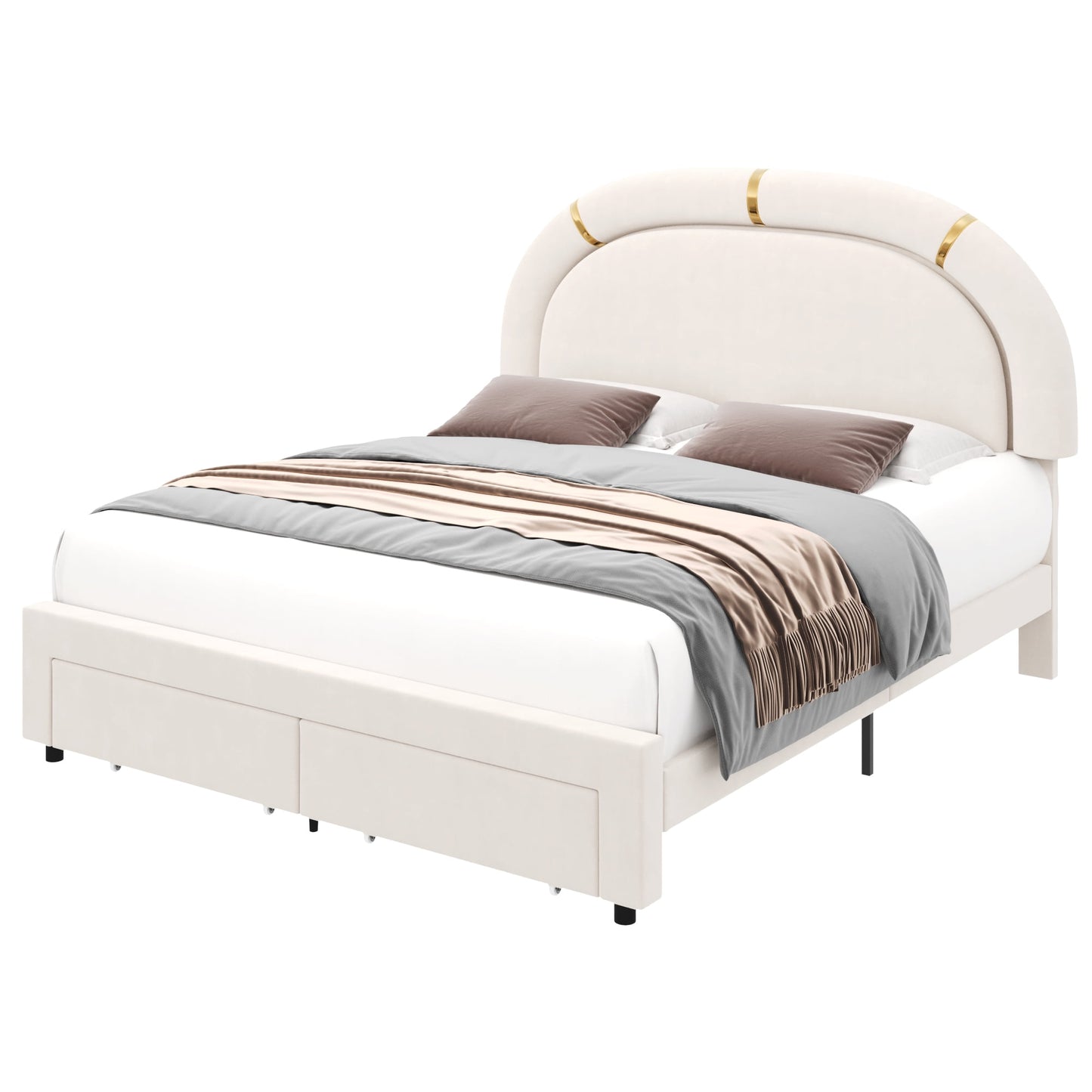 Homfa Full Kids LED Bed Frame, Modern Velvet Tufted Upholstered Platform Bed with 2 Storage Drawer for Bedroom, Beige