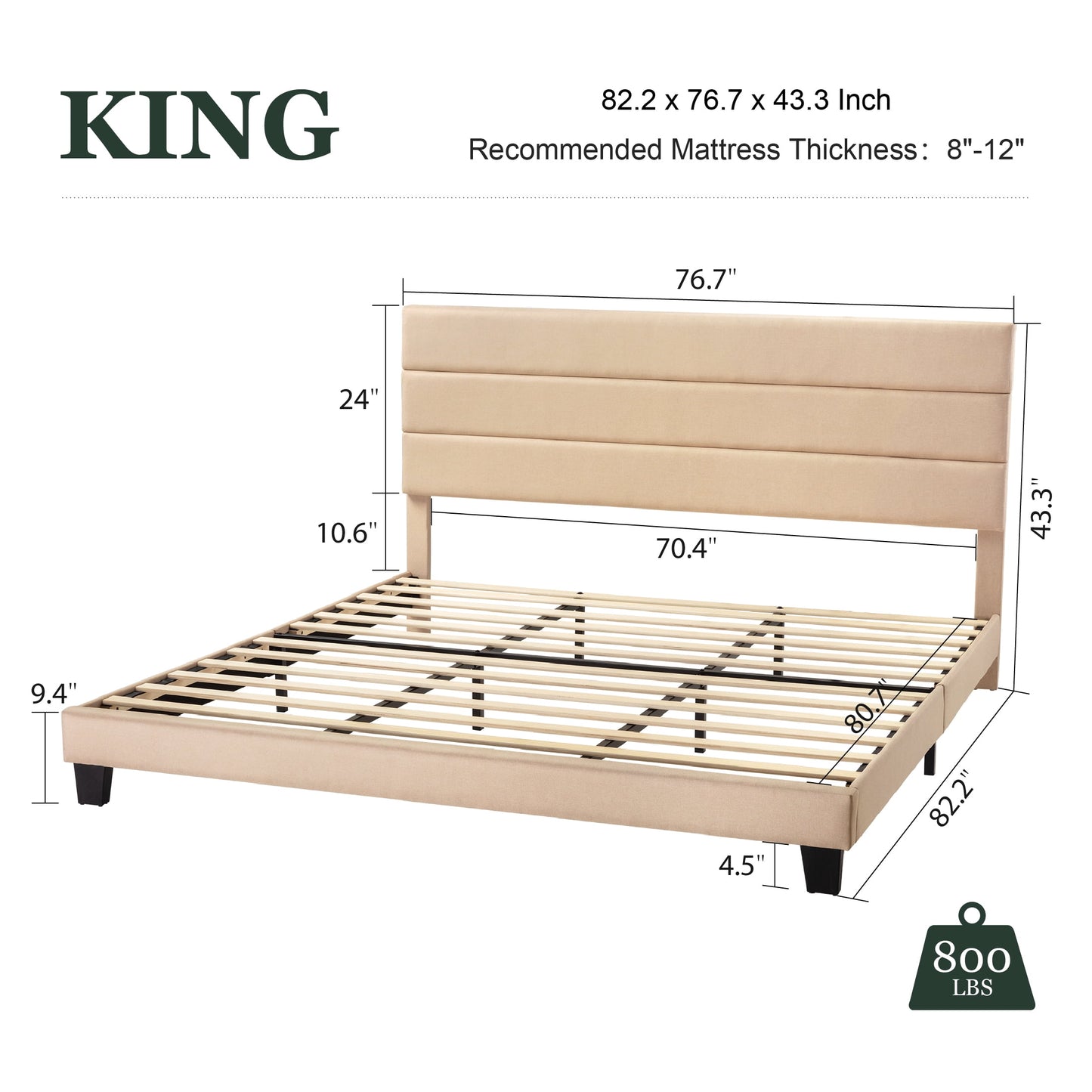 Amolife Platform King Size Bed Frame with Fabric Upholstered Headboard, No Box Spring Needed, Strong Wooden Slats, Beige