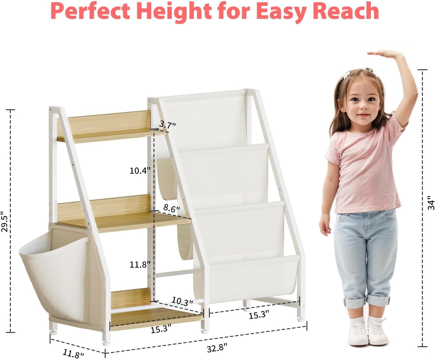 3 Tier Kids Bookshelf and Toy Storage, Kids Book Sling Shelf, Montessori Baby Toddler Bookshelf for Kids, Kids Bookcase, Toy Storage Organizer, for Playroom, Bedroom, Nursery (White)