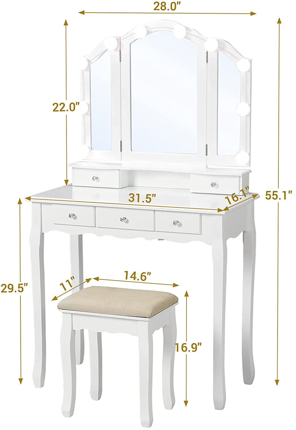 Afuhokles Vintage Vanity Set with Lighted Mirror, Stool & 5 Drawers, White